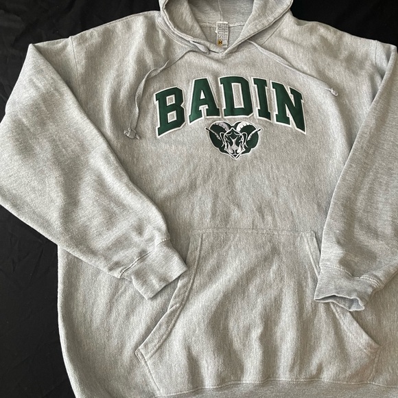 #292 BADIN RAMS HOODIE. Gray in color with awesome patch embroidered logo. - Picture 7 of 14
